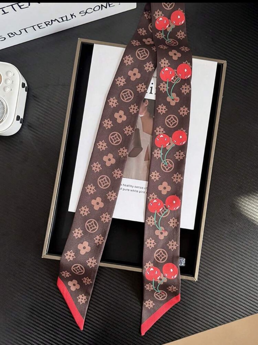 Brown Cherry Print Silk Scarf Tie nwt